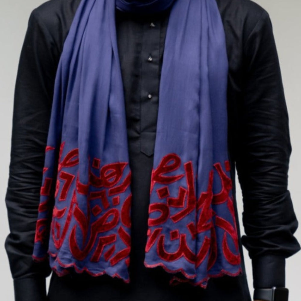 Blue & Scarlet Velvet Applique Work Calligraphy Scarf