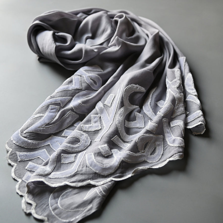 Ash & White Velvet Applique Work Calligraphy Scarf
