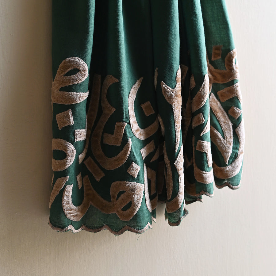 
                  
                    Emerald & Mustard Velvet Applique Work Calligraphy Scarf
                  
                