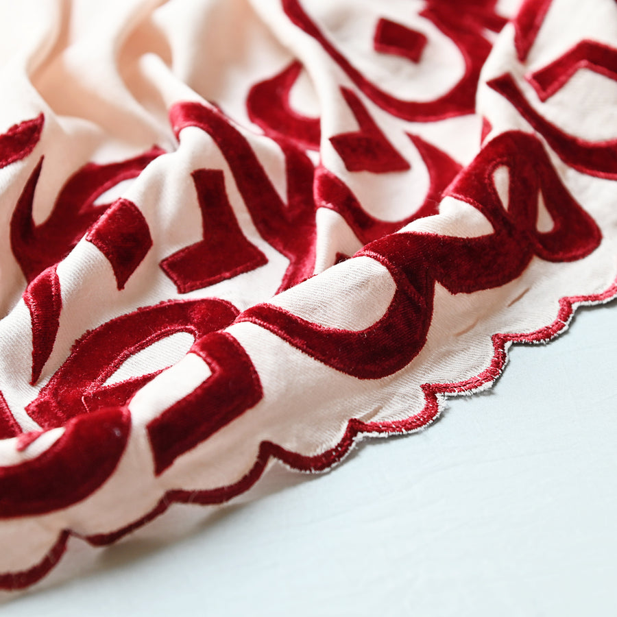 
                  
                    Peach & Red Velvet Applique Work Calligraphy Scarf
                  
                