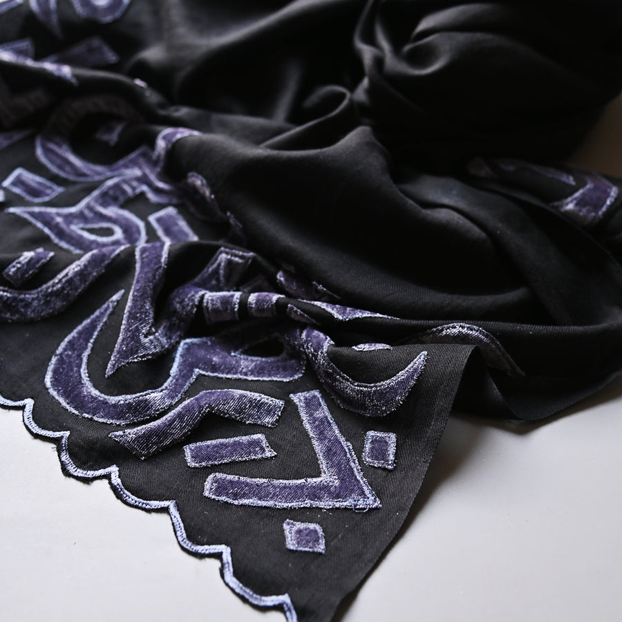 
                  
                    Black & Gray Velvet Applique Work Calligraphy Scarf
                  
                