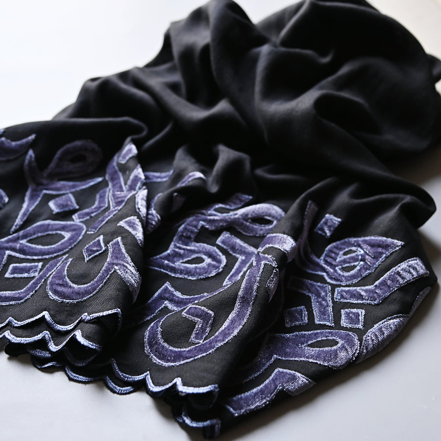 
                  
                    Black & Gray Velvet Applique Work Calligraphy Scarf
                  
                