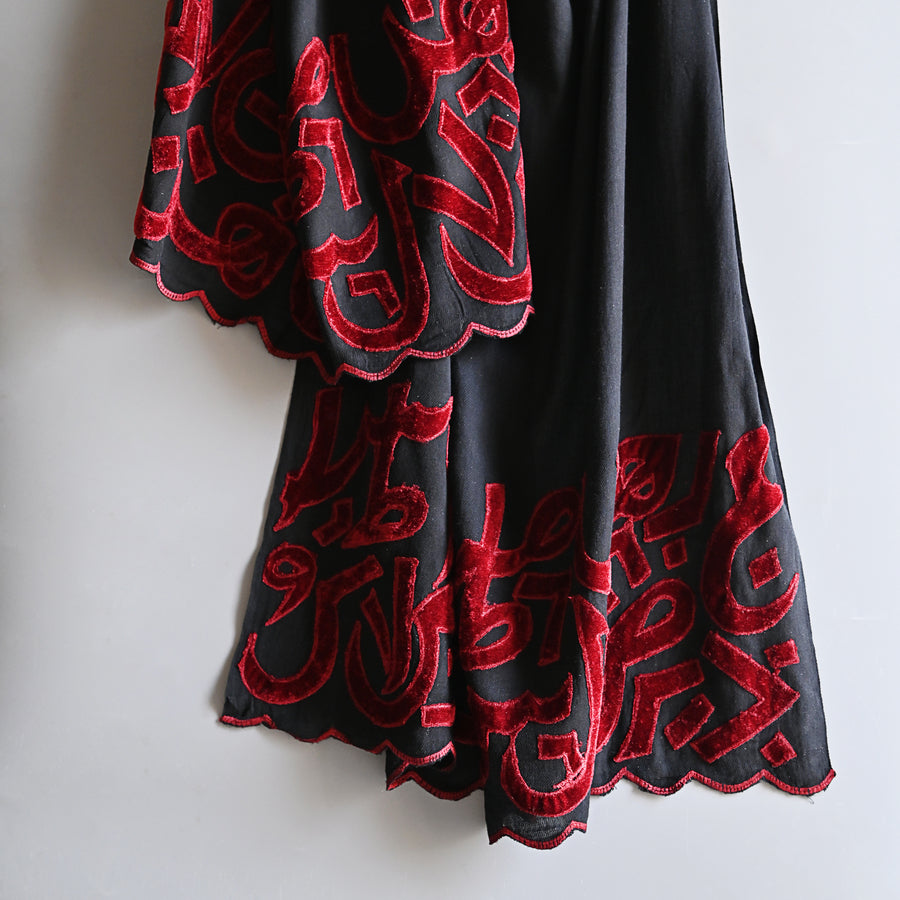 Black & Red Velvet Applique Work Calligraphy Scarf